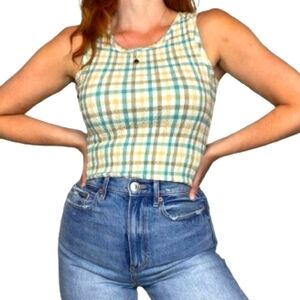 Lemon Grass Blue Tan Checkered Tank Top Sz XL